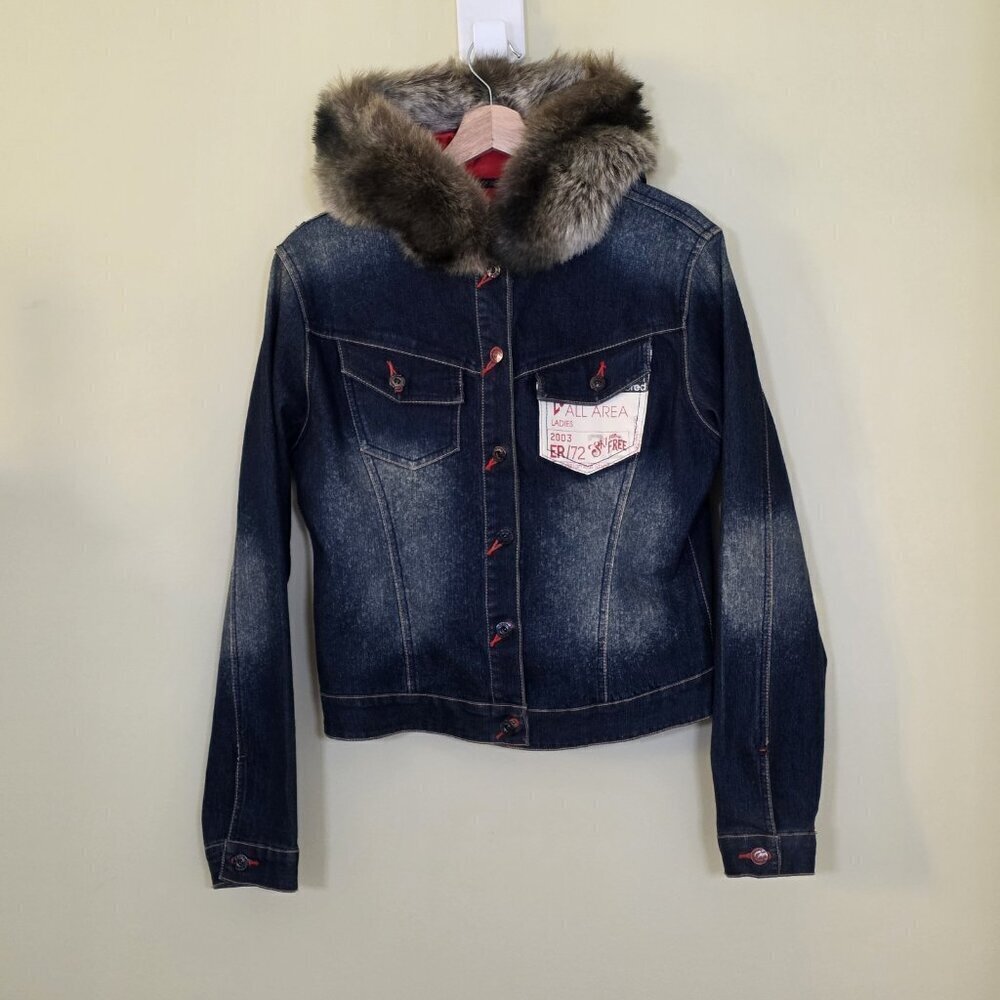 Vtg Ecko Red Jacket Women 14 Denim Faux Fur Hood No Pockets Lined Y2K Runs Small